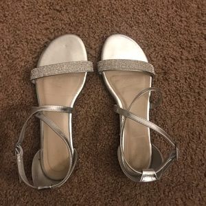 Silver bridesmaid sandals from David’s Bridal